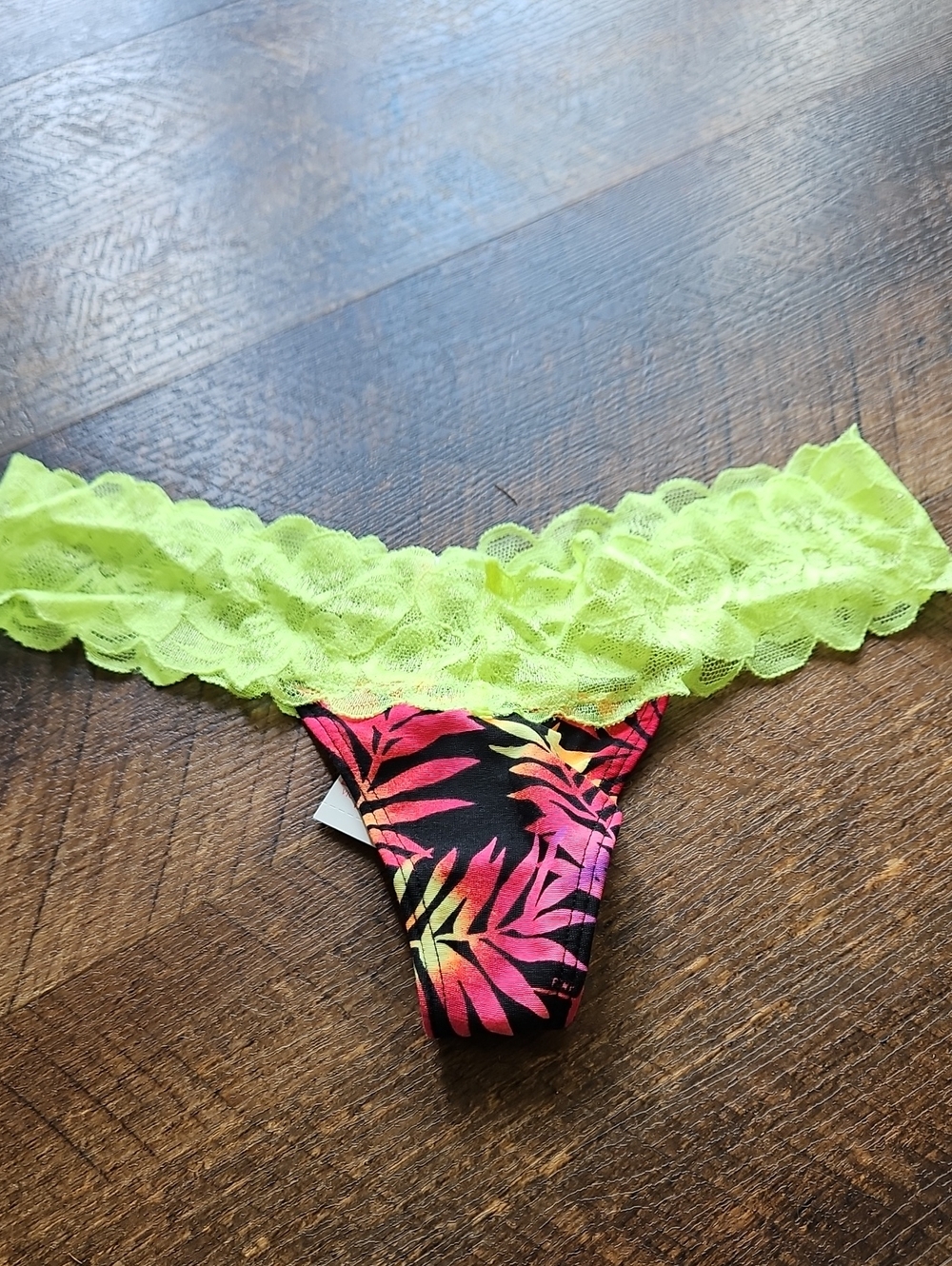 PINK Victoria's Secret Neon Lime Lace & Tropical Leaf Thong